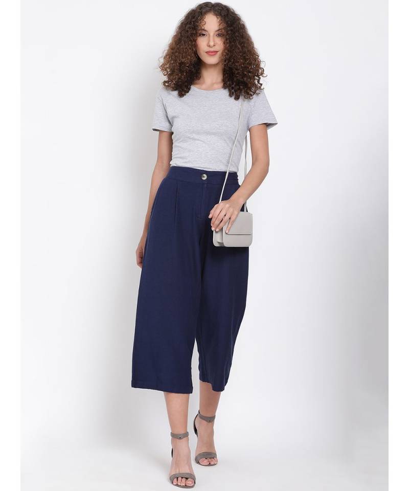 Navy Ankle Length Linen Blend Pants