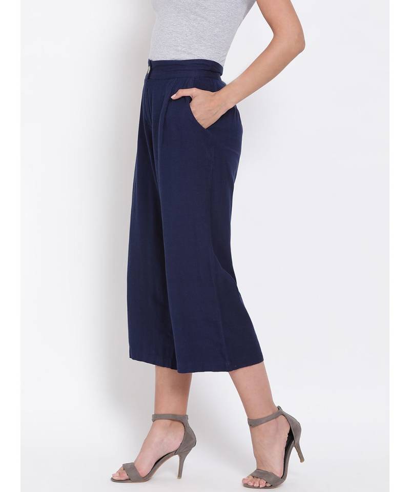 Navy Ankle Length Linen Blend Pants