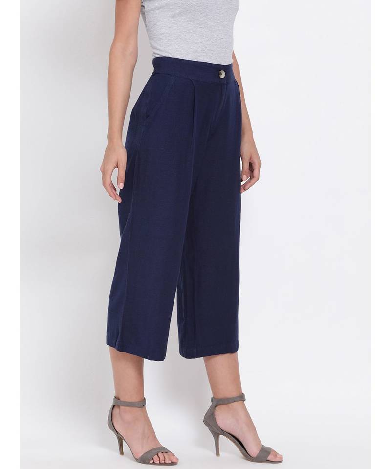 Navy Ankle Length Linen Blend Pants