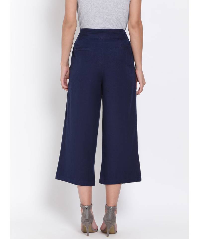 Navy Ankle Length Linen Blend Pants