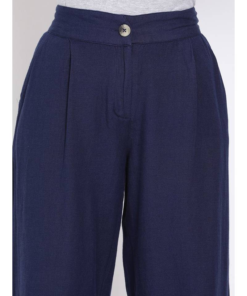 Navy Ankle Length Linen Blend Pants