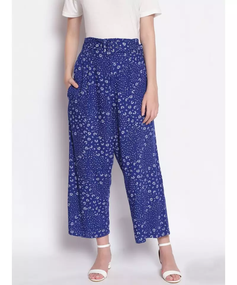 Blue Printed Women High Rise Pants