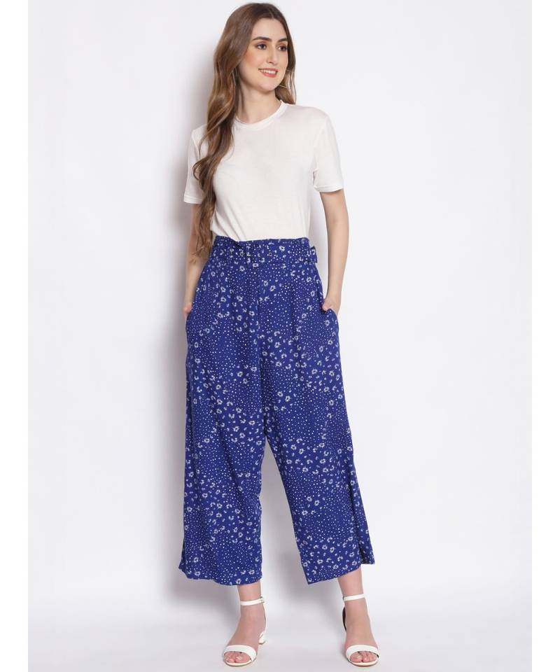 Blue Printed Women High Rise Pants