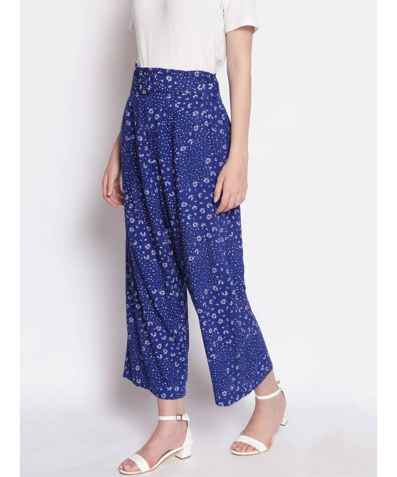 Blue Printed Women High Rise Pants