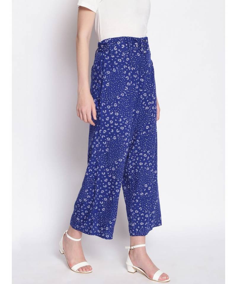 Blue Printed Women High Rise Pants