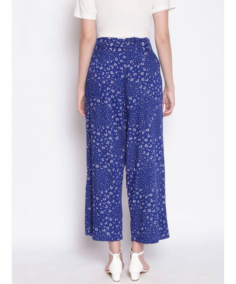 Blue Printed Women High Rise Pants