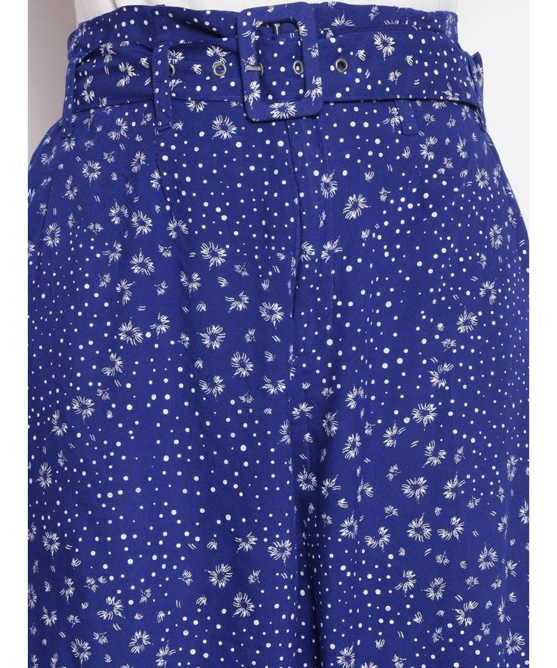 Blue Printed Women High Rise Pants
