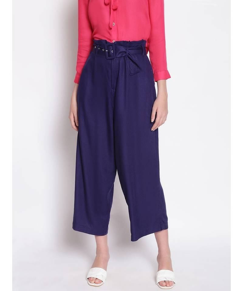 Solid Women Blue  High Rise Pants