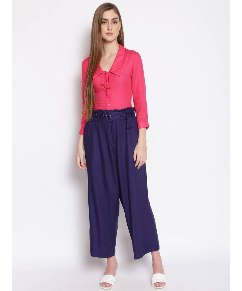 Solid Women Blue  High Rise Pants