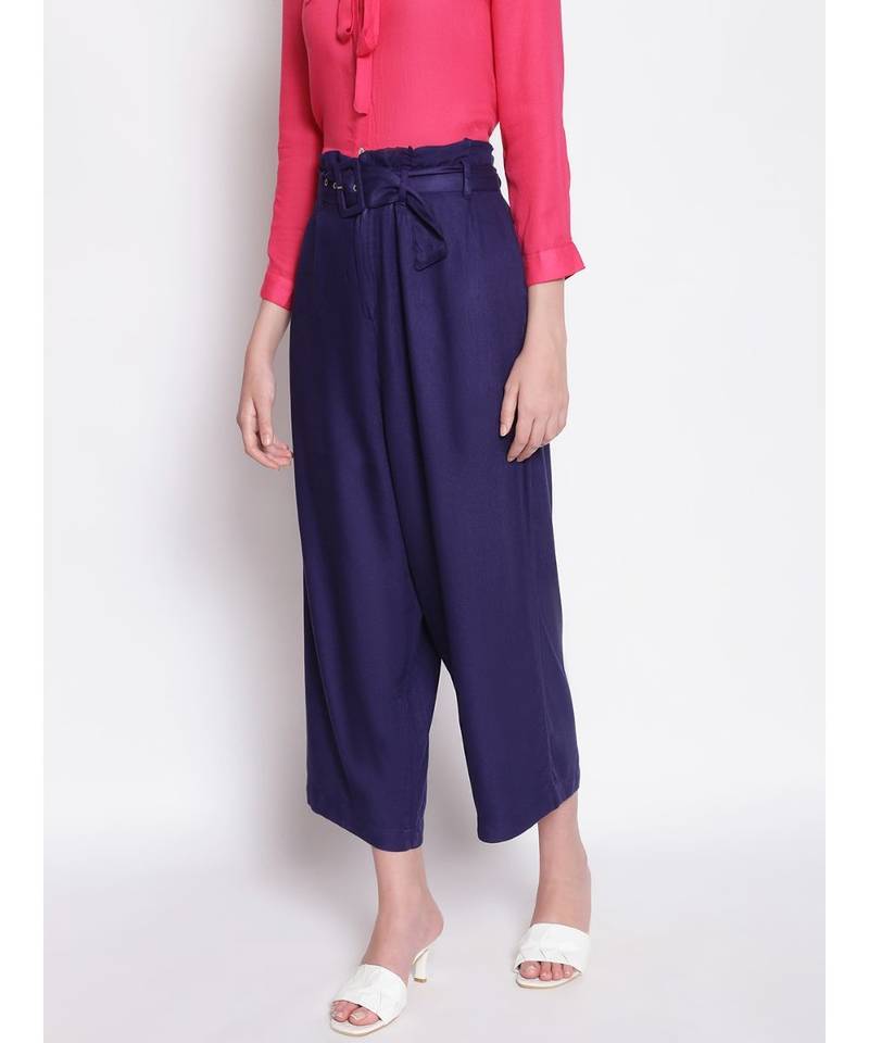 Solid Women Blue  High Rise Pants