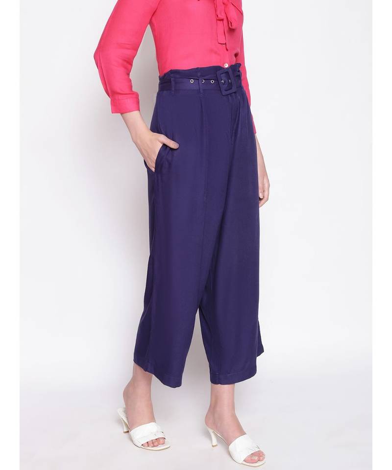 Solid Women Blue  High Rise Pants