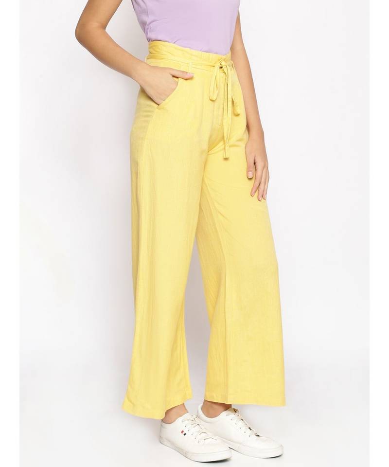 Light Yellow Linen Blend Solid Pants