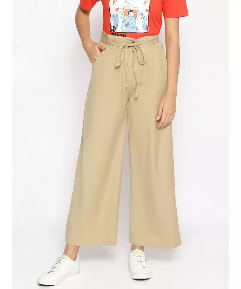 Beige Linen Blend Solid Pants