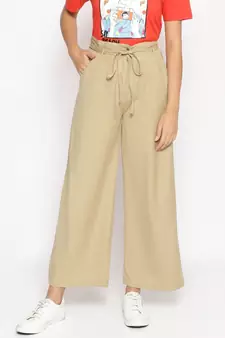 Beige Linen Blend Solid Pants