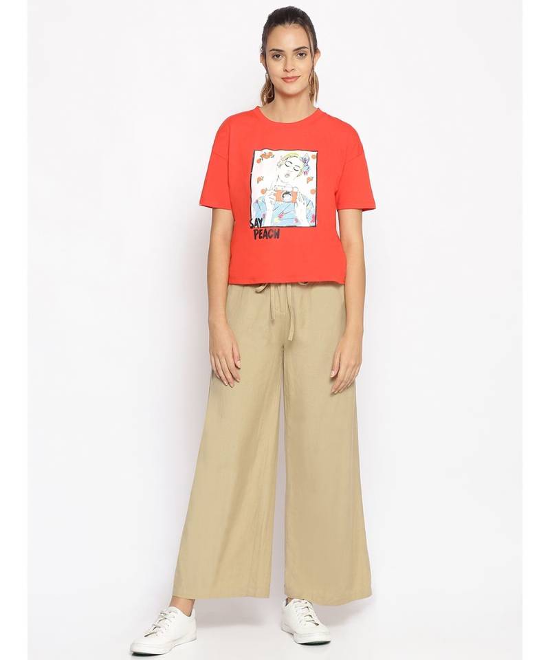 Beige Linen Blend Solid Pants