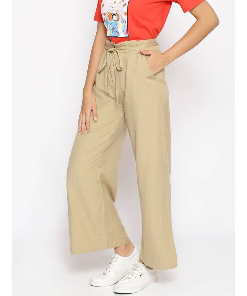 Beige Linen Blend Solid Pants