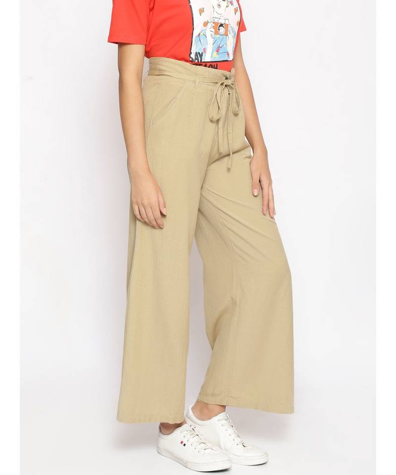 Beige Linen Blend Solid Pants