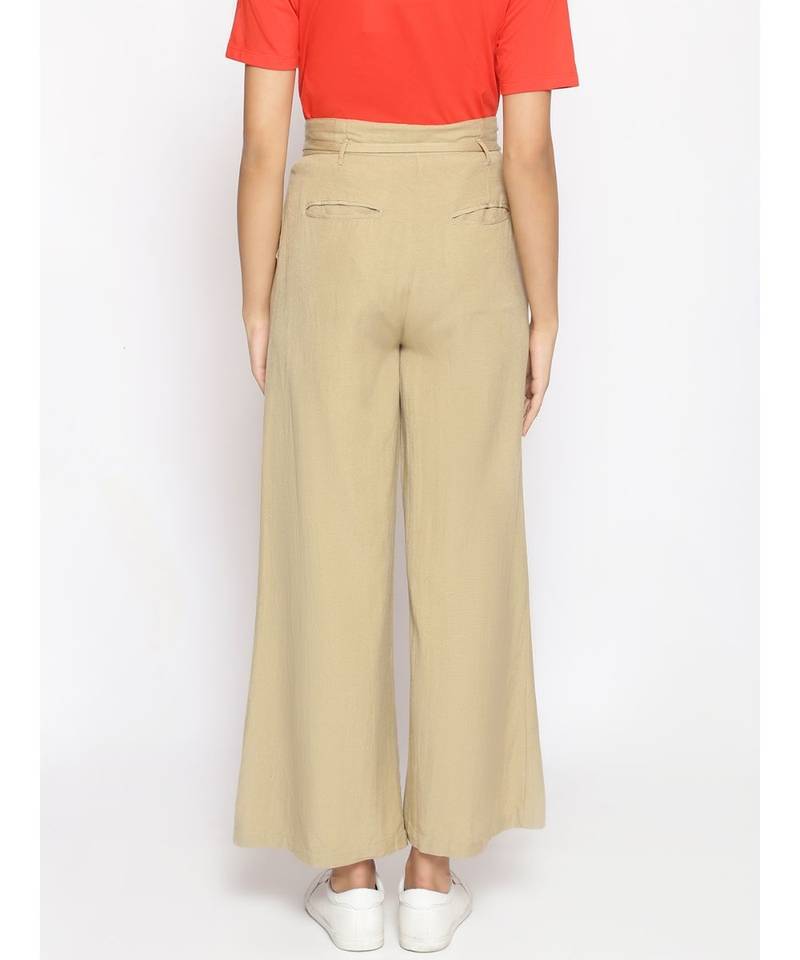 Beige Linen Blend Solid Pants