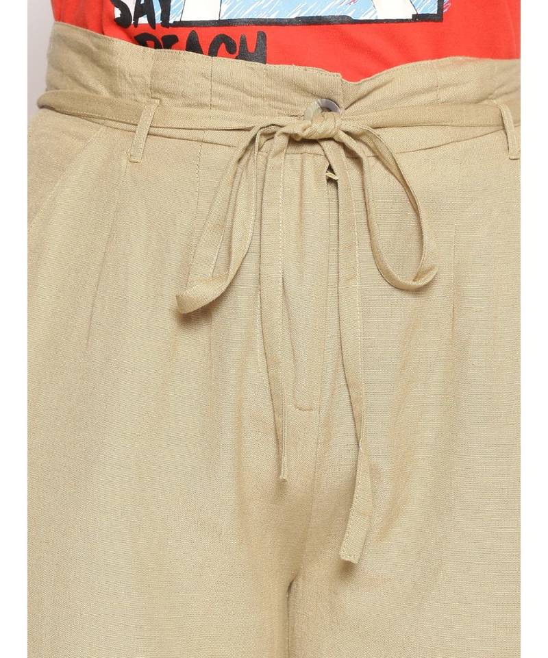 Beige Linen Blend Solid Pants
