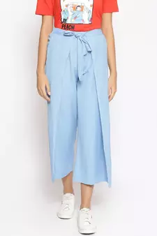 Baby Blue Solid Linen Blend Wrap Pants