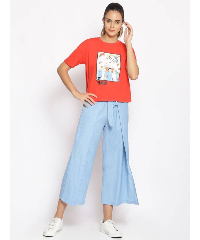 Baby Blue Solid Linen Blend Wrap Pants