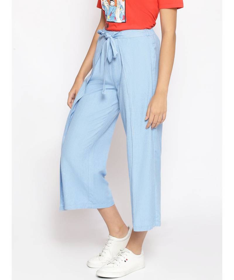 Baby Blue Solid Linen Blend Wrap Pants