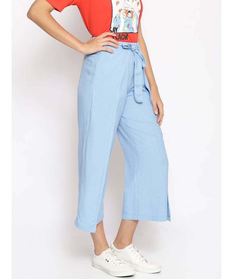 Baby Blue Solid Linen Blend Wrap Pants