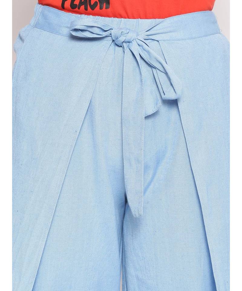 Baby Blue Solid Linen Blend Wrap Pants