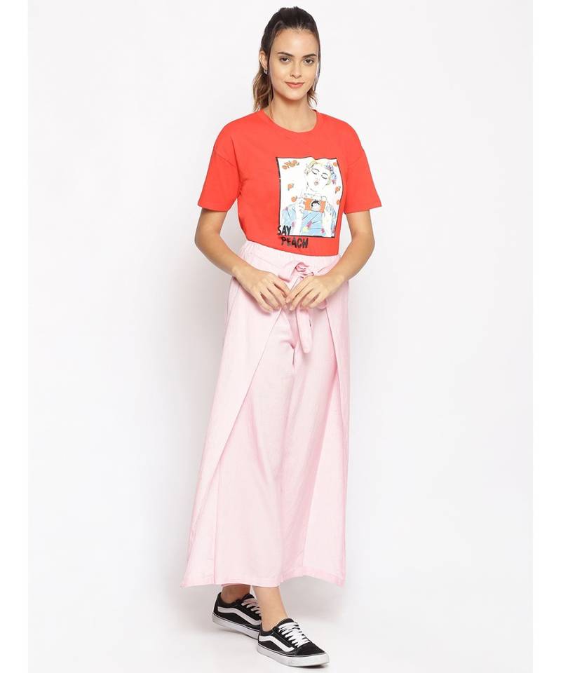Baby Pink Solid Wrap Linen Blend Pants