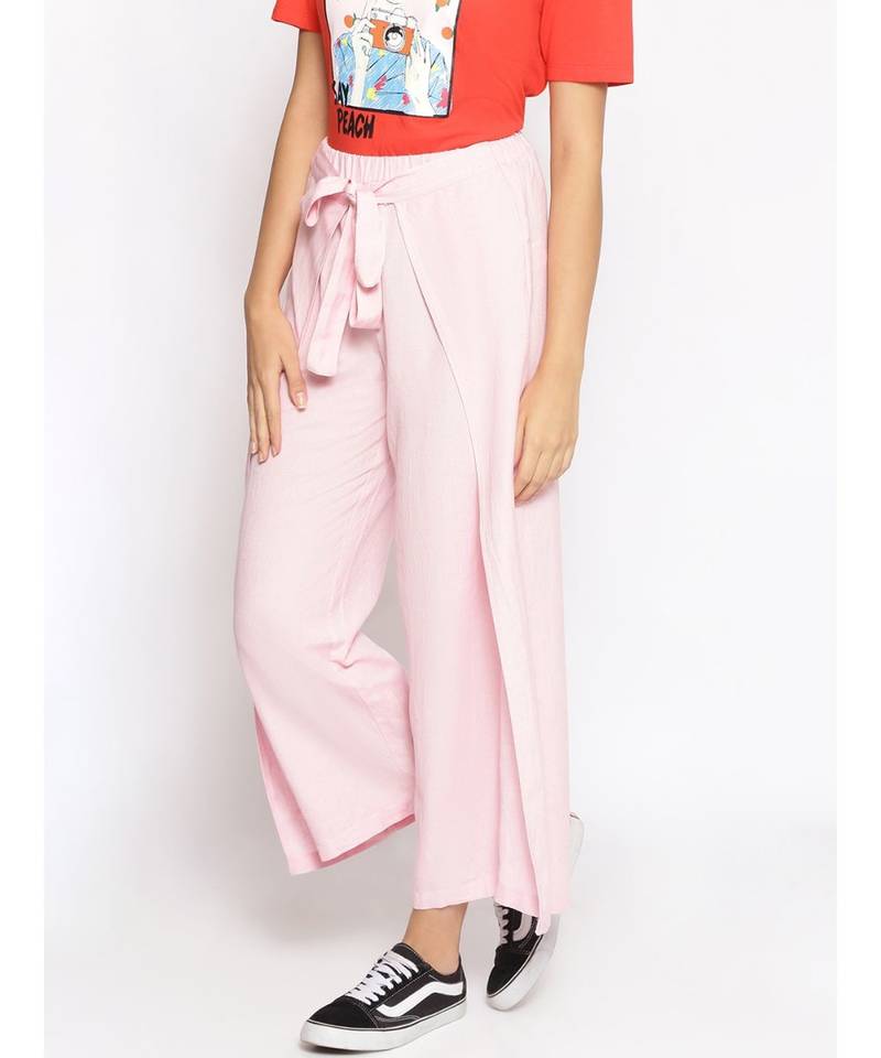 Baby Pink Solid Wrap Linen Blend Pants