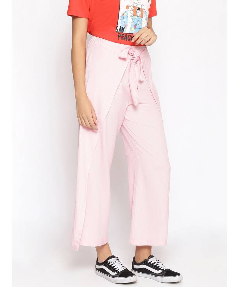 Baby Pink Solid Wrap Linen Blend Pants