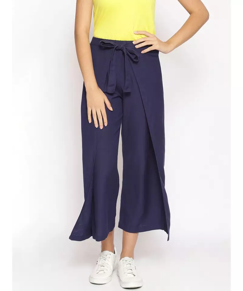 Navy Solid Wrap Linen Blend Pants