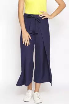 Navy Solid Wrap Linen Blend Pants