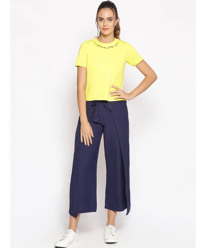 Navy Solid Wrap Linen Blend Pants