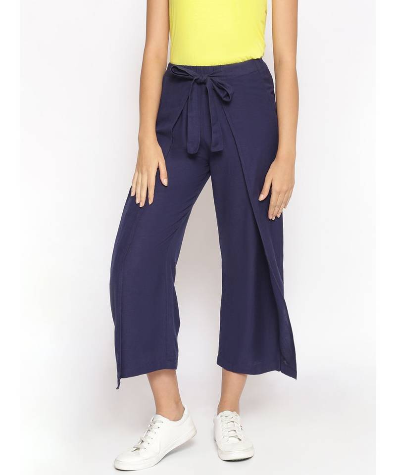 Navy Solid Wrap Linen Blend Pants