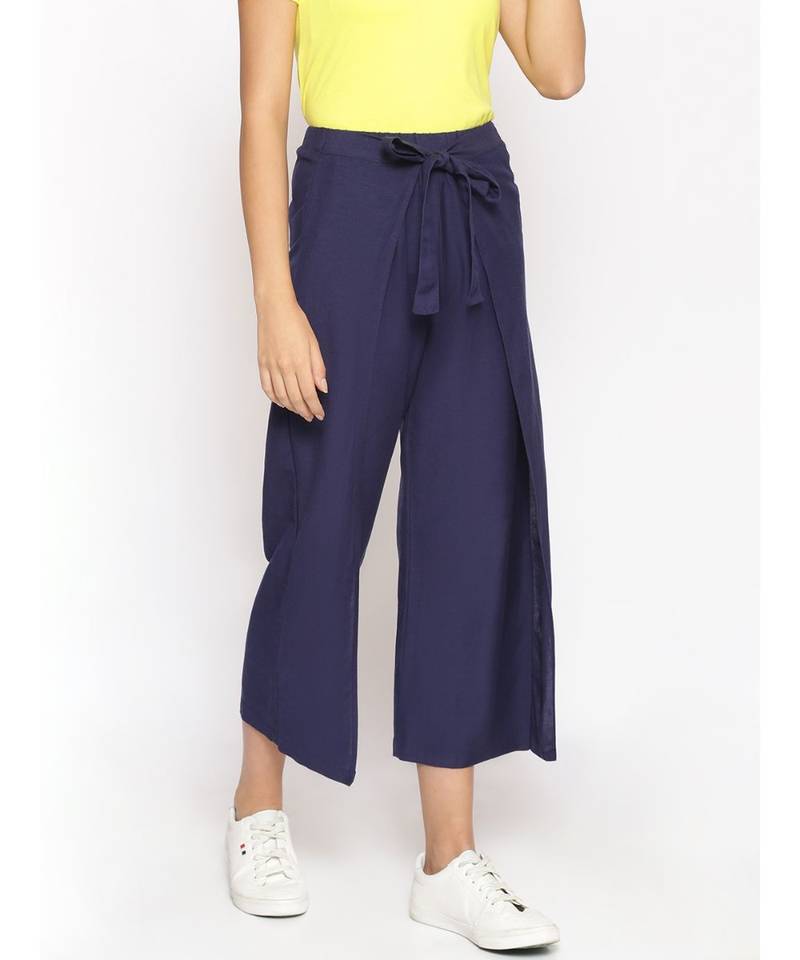 Navy Solid Wrap Linen Blend Pants