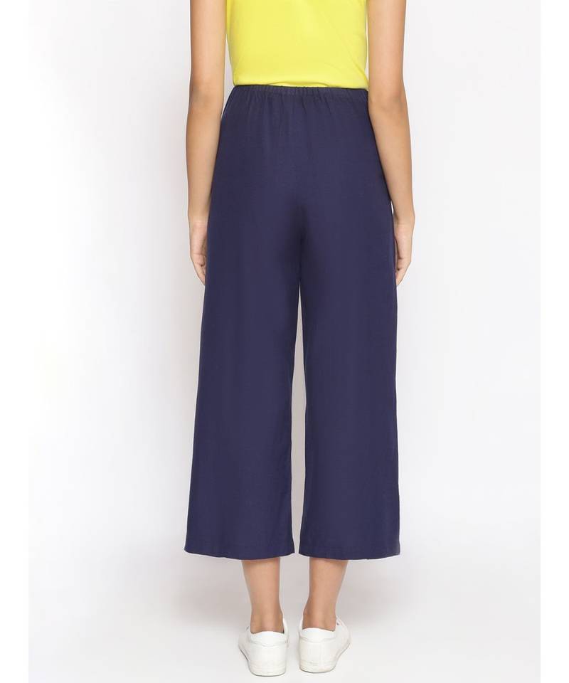Navy Solid Wrap Linen Blend Pants