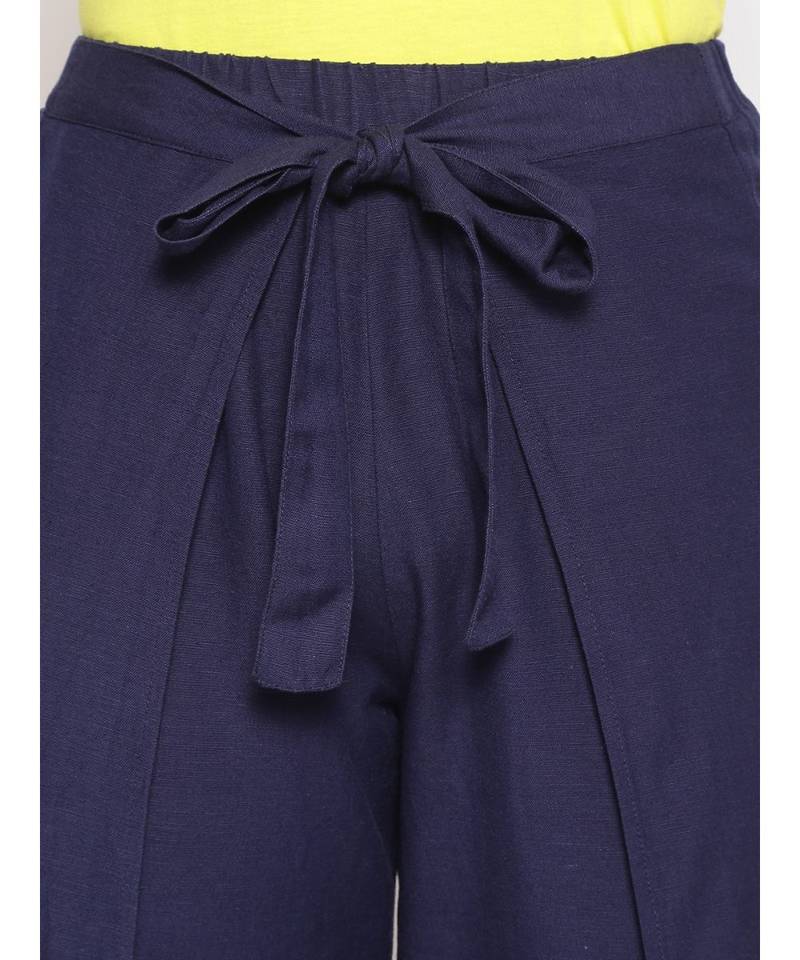 Navy Solid Wrap Linen Blend Pants