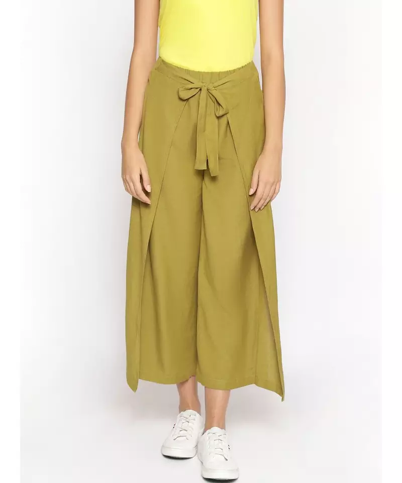 Olive Green Solid Wrap Linen Blend Pants