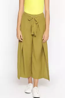 Olive Green Solid Wrap Linen Blend Pants