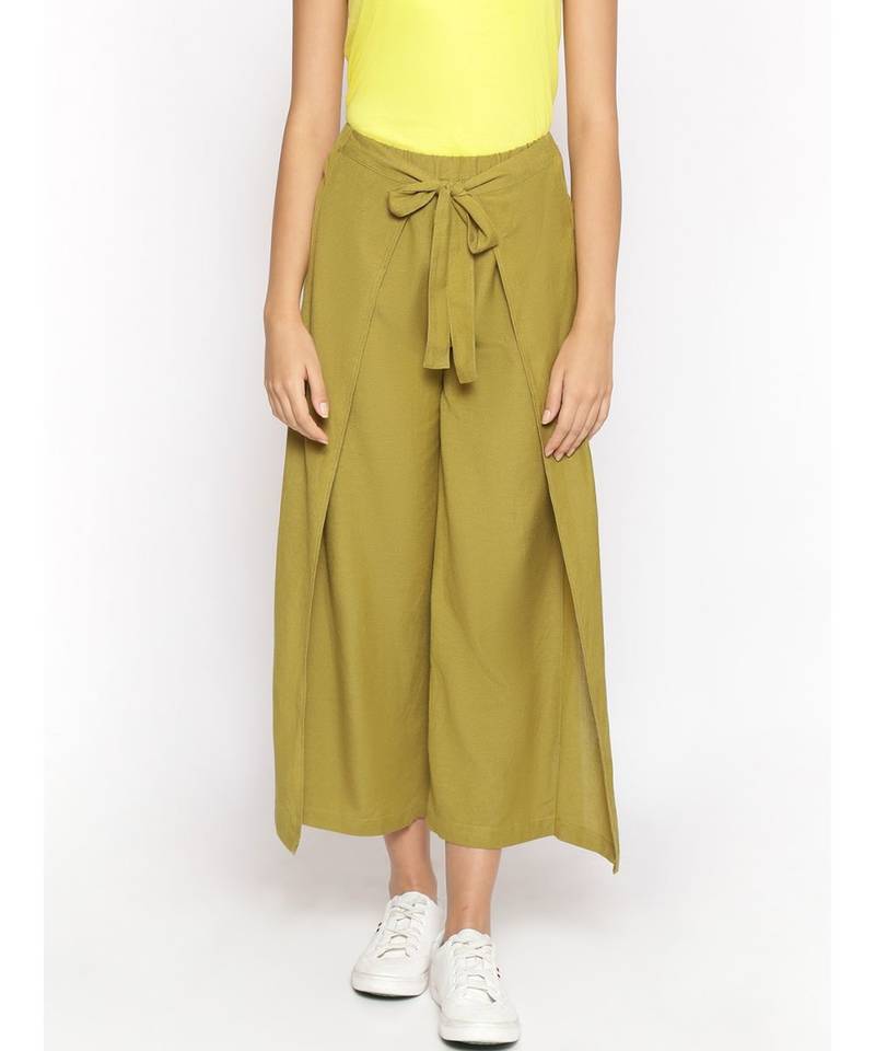 Olive Green Solid Wrap Linen Blend Pants