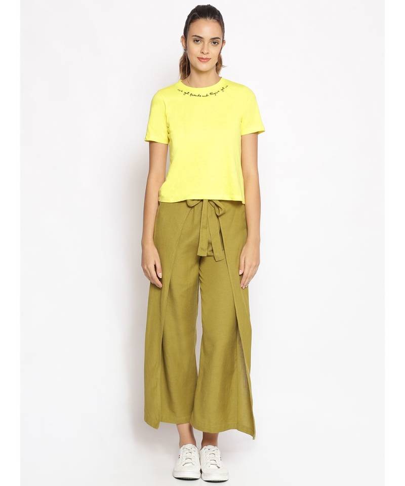 Olive Green Solid Wrap Linen Blend Pants
