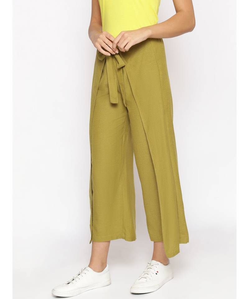 Olive Green Solid Wrap Linen Blend Pants