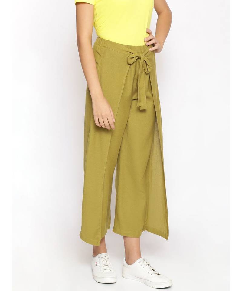 Olive Green Solid Wrap Linen Blend Pants