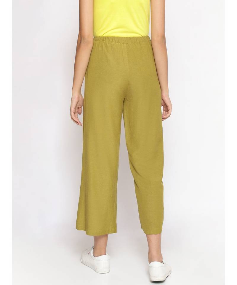 Olive Green Solid Wrap Linen Blend Pants