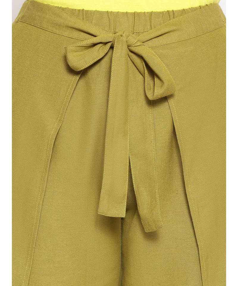 Olive Green Solid Wrap Linen Blend Pants