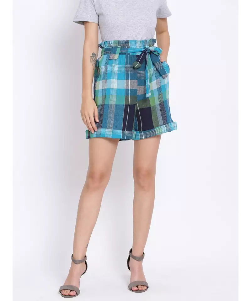 Blue Checkered Paperbag Women's Shorts