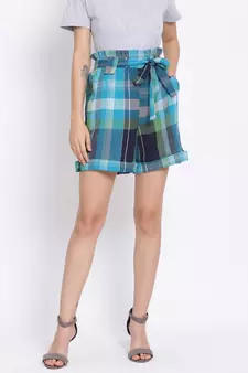 Blue Checkered Paperbag Women's Shorts