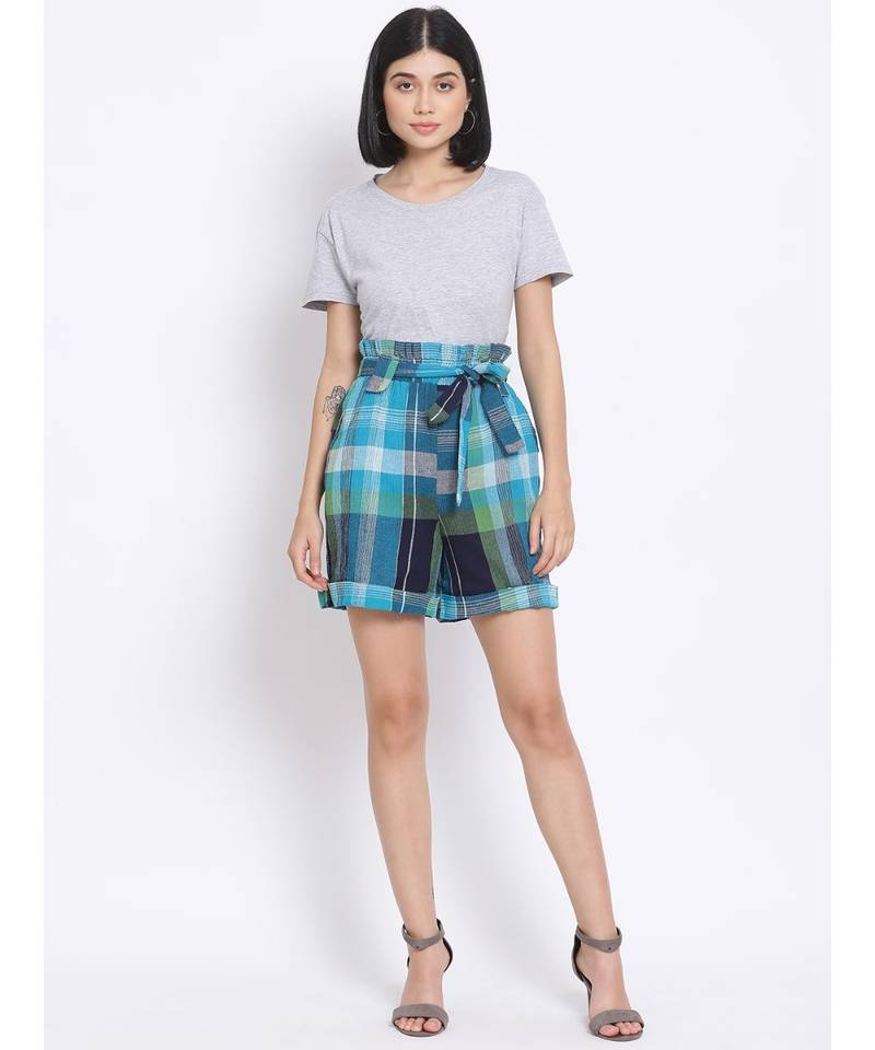 Blue Checkered Paperbag Women's Shorts