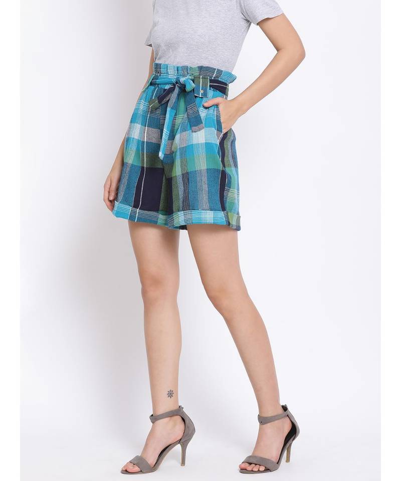 Blue Checkered Paperbag Women's Shorts